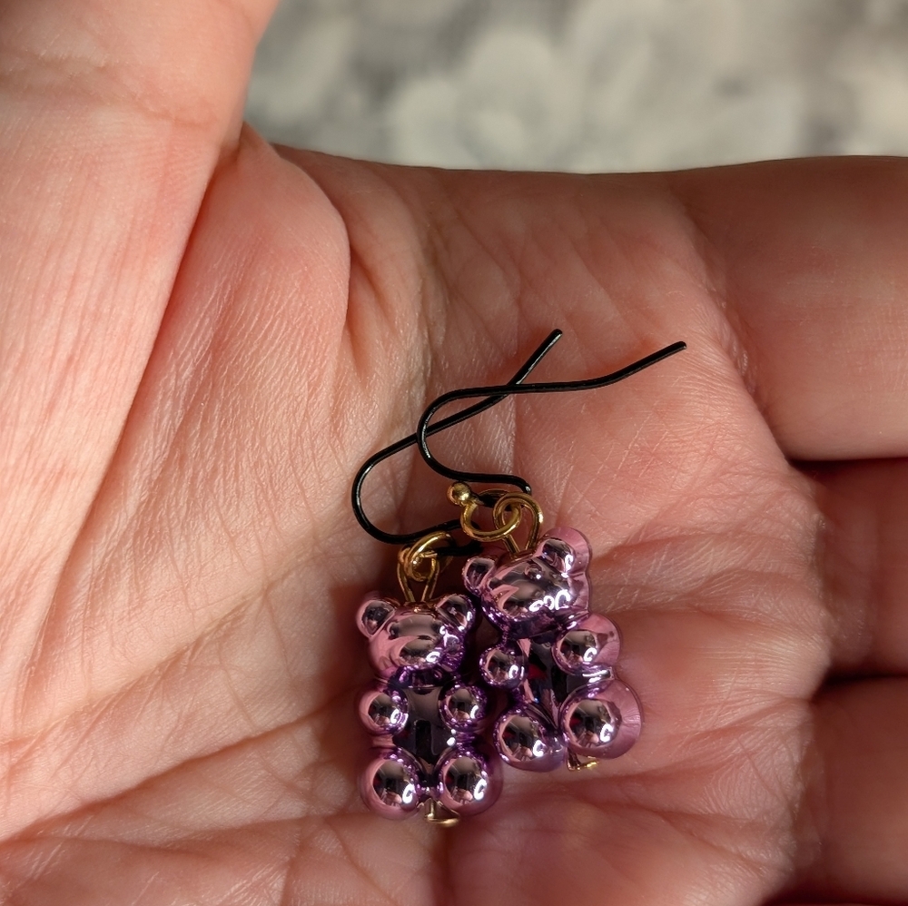 Hand Crafted Purple & Black Metallic Bear Pierced Earrings - Picture 3 of 4